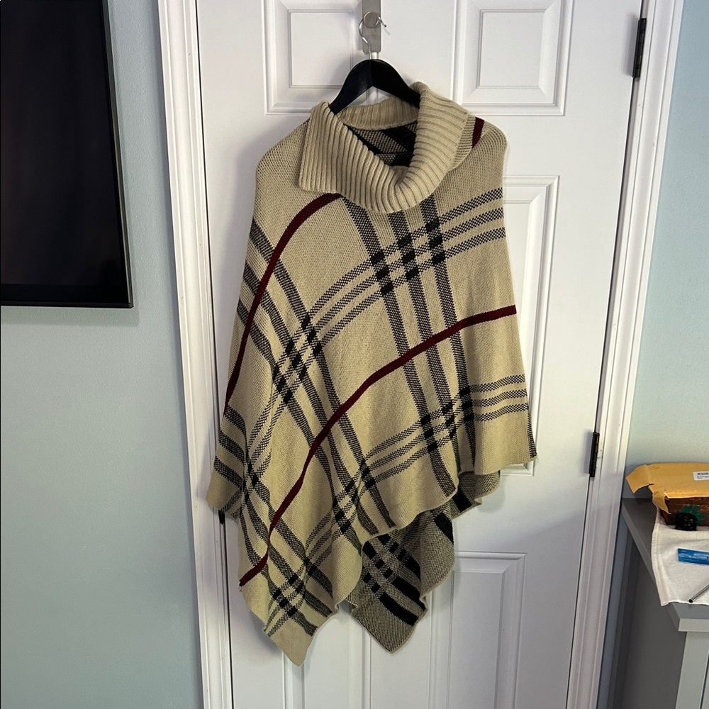 Fall style Plaid Turtleneck Poncho with collared neck - Large